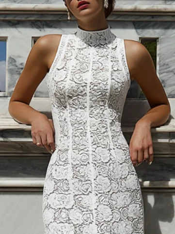White Hollow Out Lace Lace Stand Collar Sleeveless Sheath Midi Dress