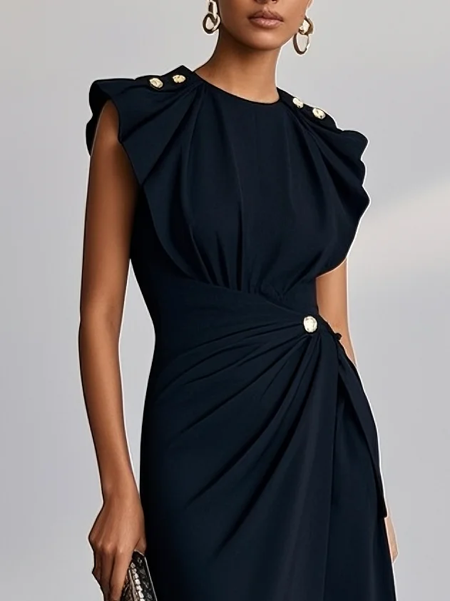 Black Buckle Ruched Cotton Crew Neck Cap Sleeve Sheath Midi Dress