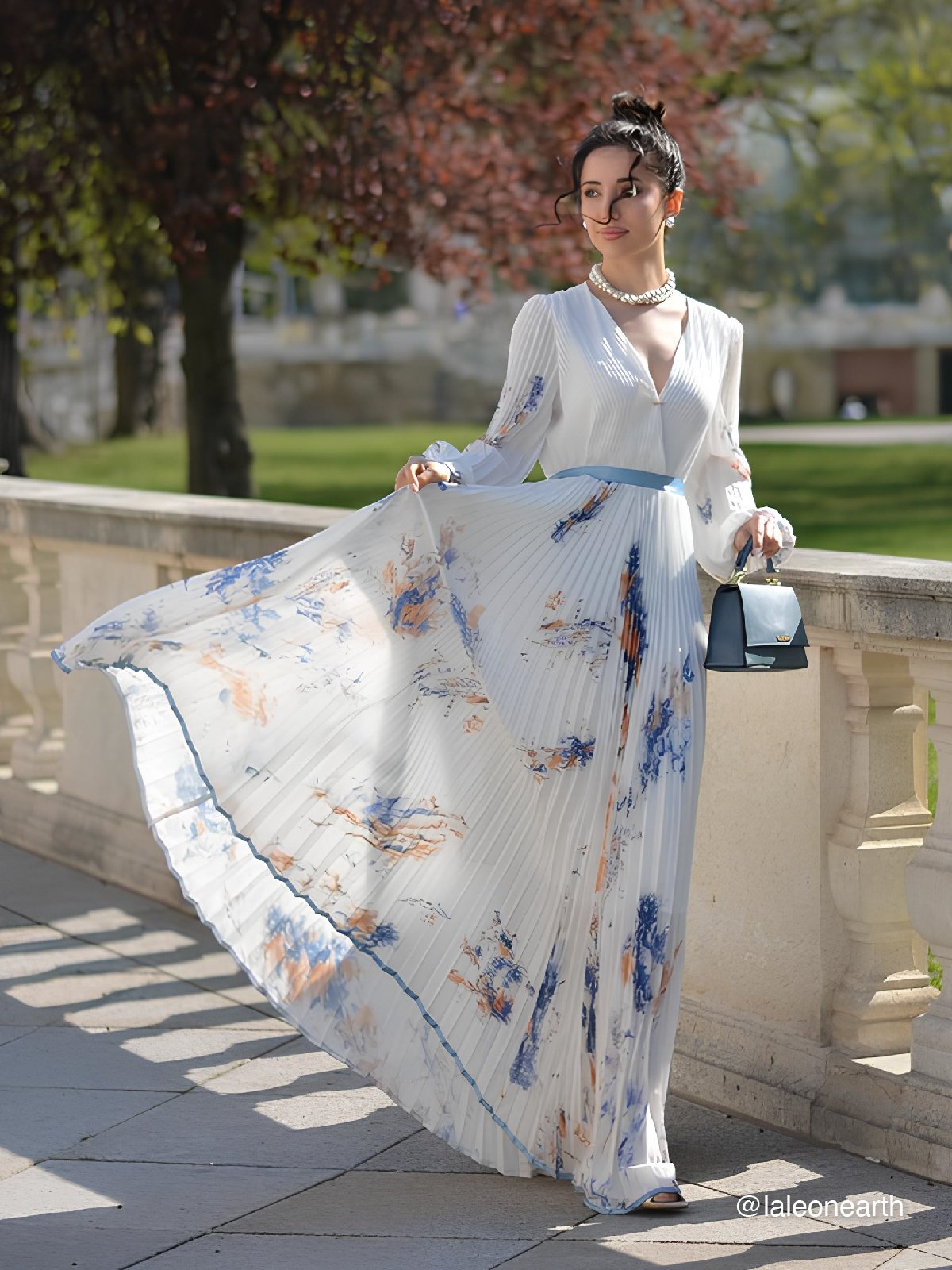 White Pleated Chiffon V Neck Floral Long Sleeve Balloon Sleeve A-Line Maxi Dress