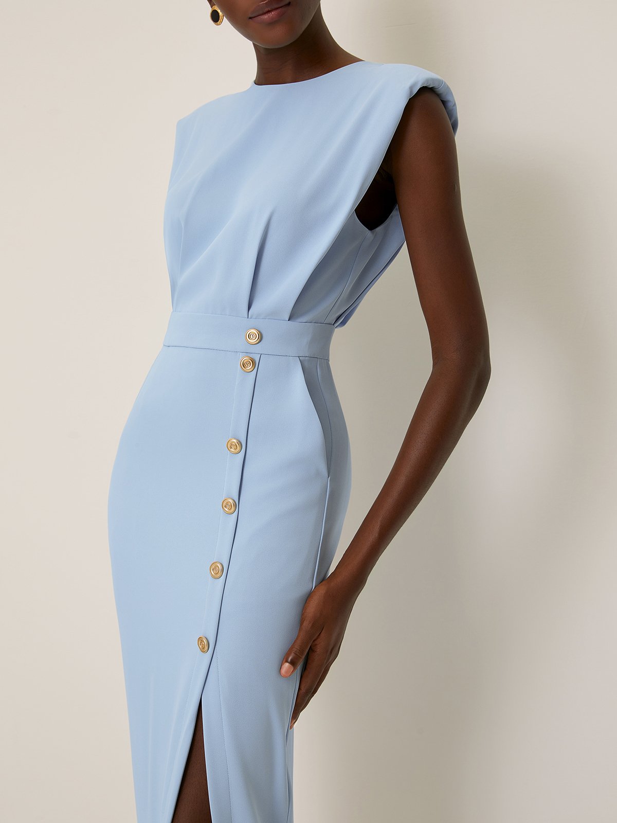 Light Blue Buckle Classic Crew Neck Sleeveless Sheath Midi Dress
