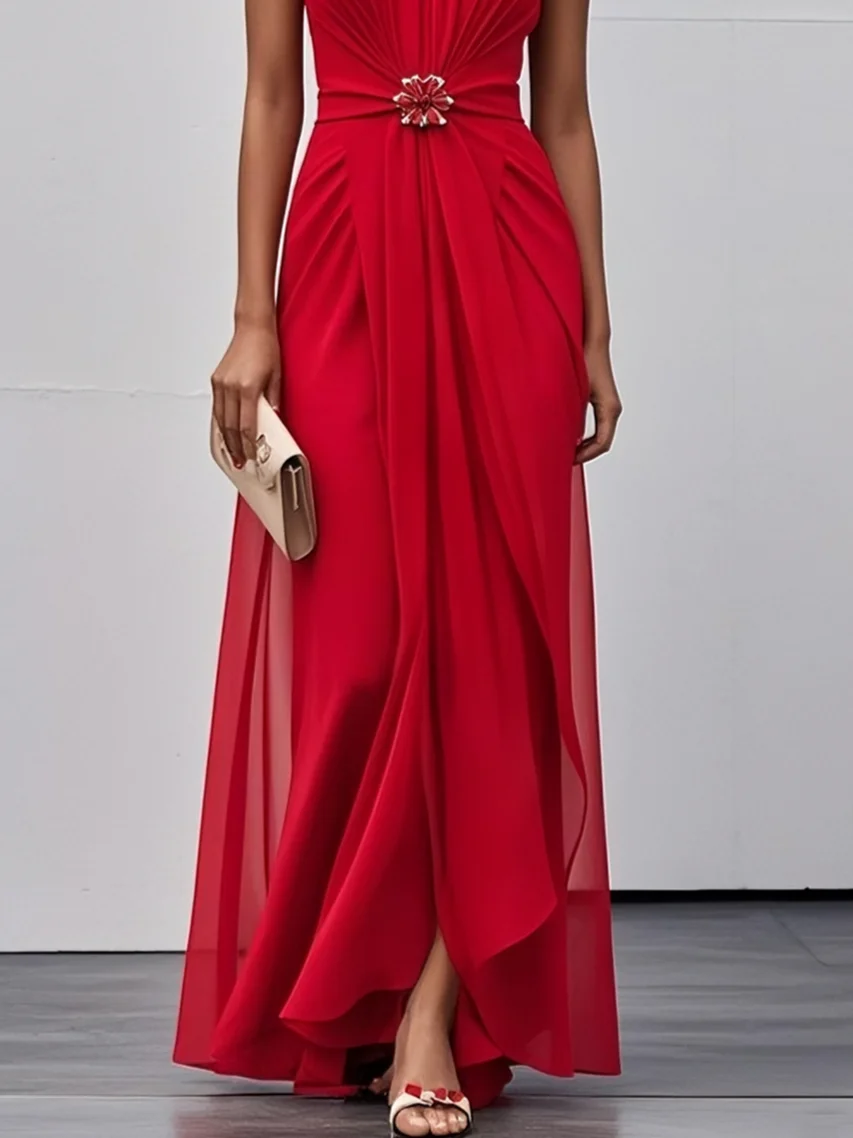 Red Buckle Ruched Chiffon Square Neck Sleeveless A-Line Maxi Dress
