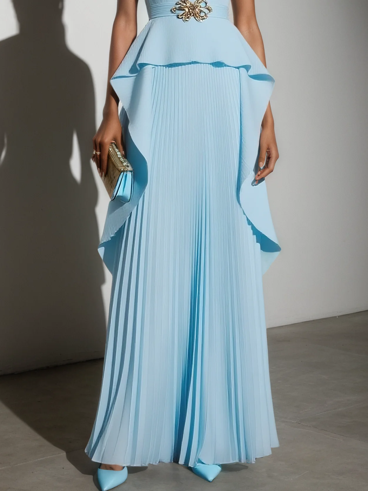 Light Blue Metal Pleated Classic Boat Neck Sleeveless A-Line Maxi Dress