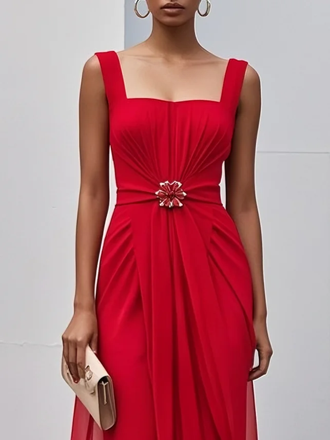 Red Buckle Ruched Chiffon Square Neck Sleeveless A-Line Maxi Dress