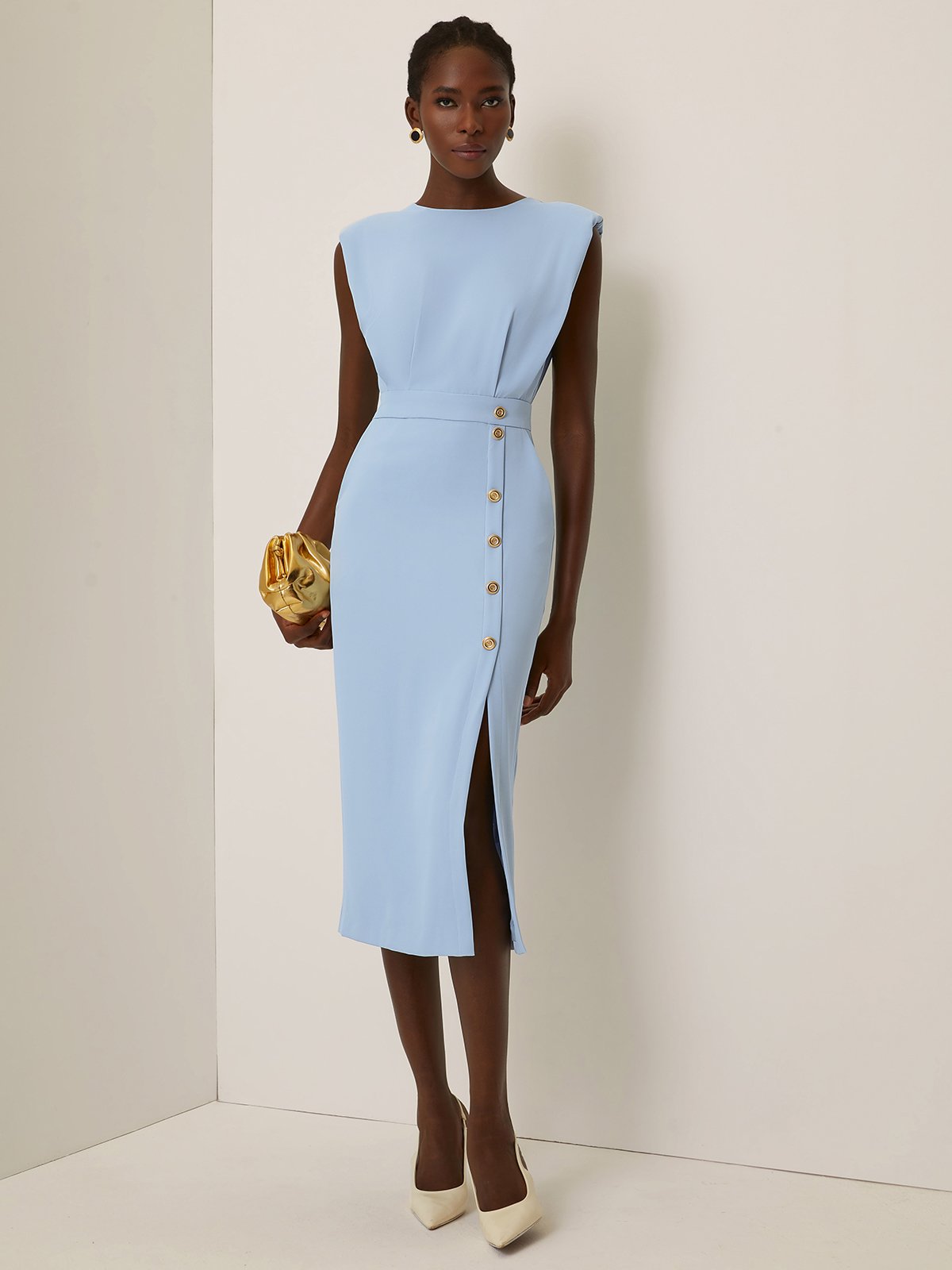 Light Blue Buckle Classic Crew Neck Sleeveless Sheath Midi Dress