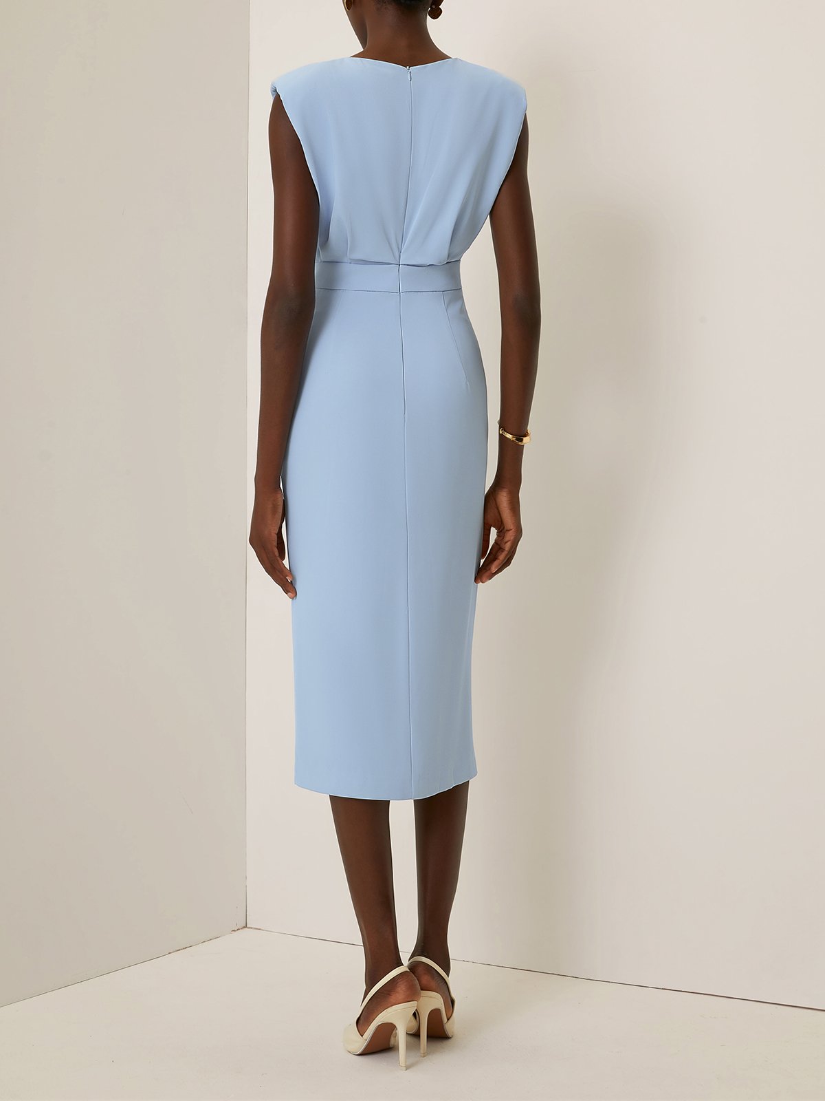 Light Blue Buckle Classic Crew Neck Sleeveless Sheath Midi Dress