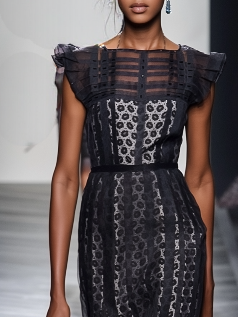 Black Printing Slit Satin Crew Neck Cap Sleeve Ruffle Sleeve Sheath Midi Dress