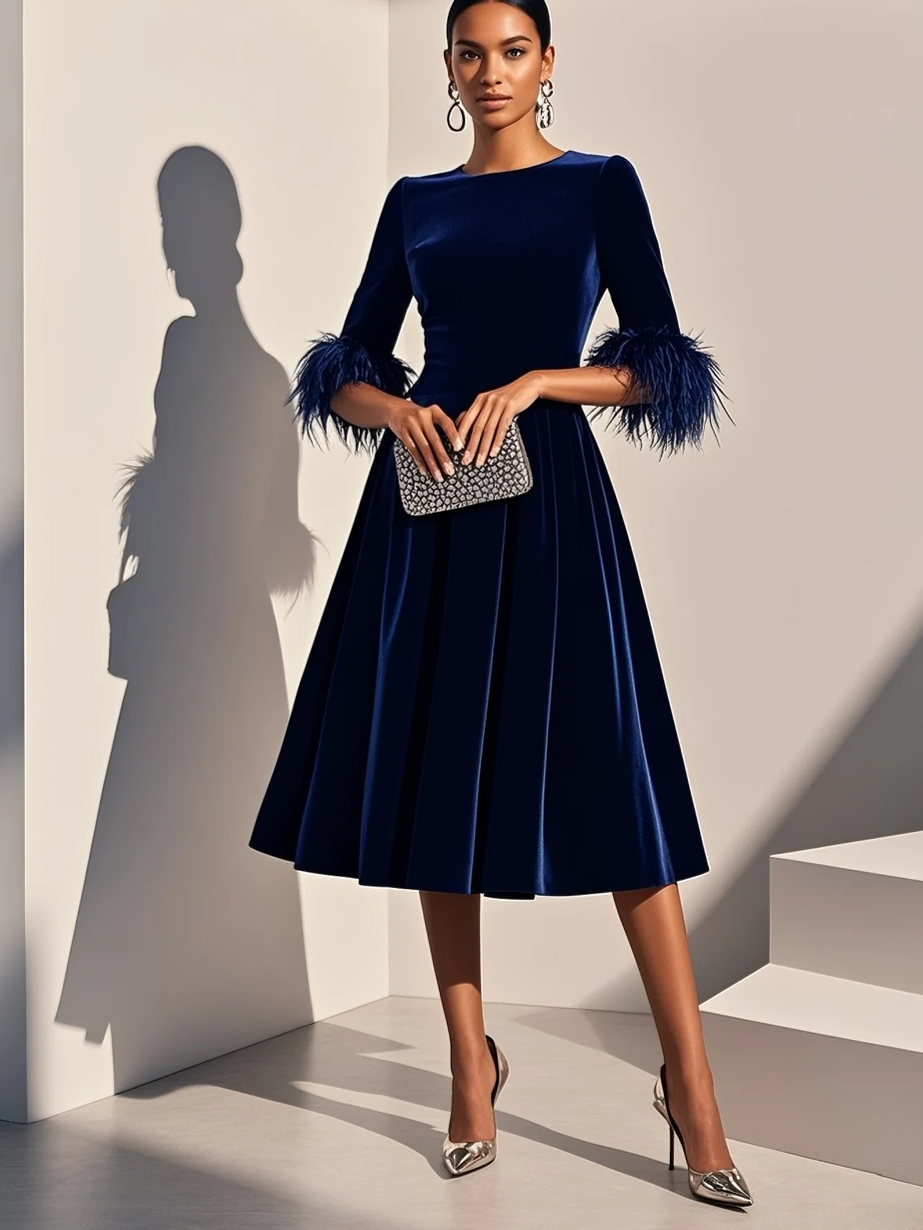 Purplish blue Feather-trimmed Velvet Crew Neck Half Sleeve A-Line Midi Dress