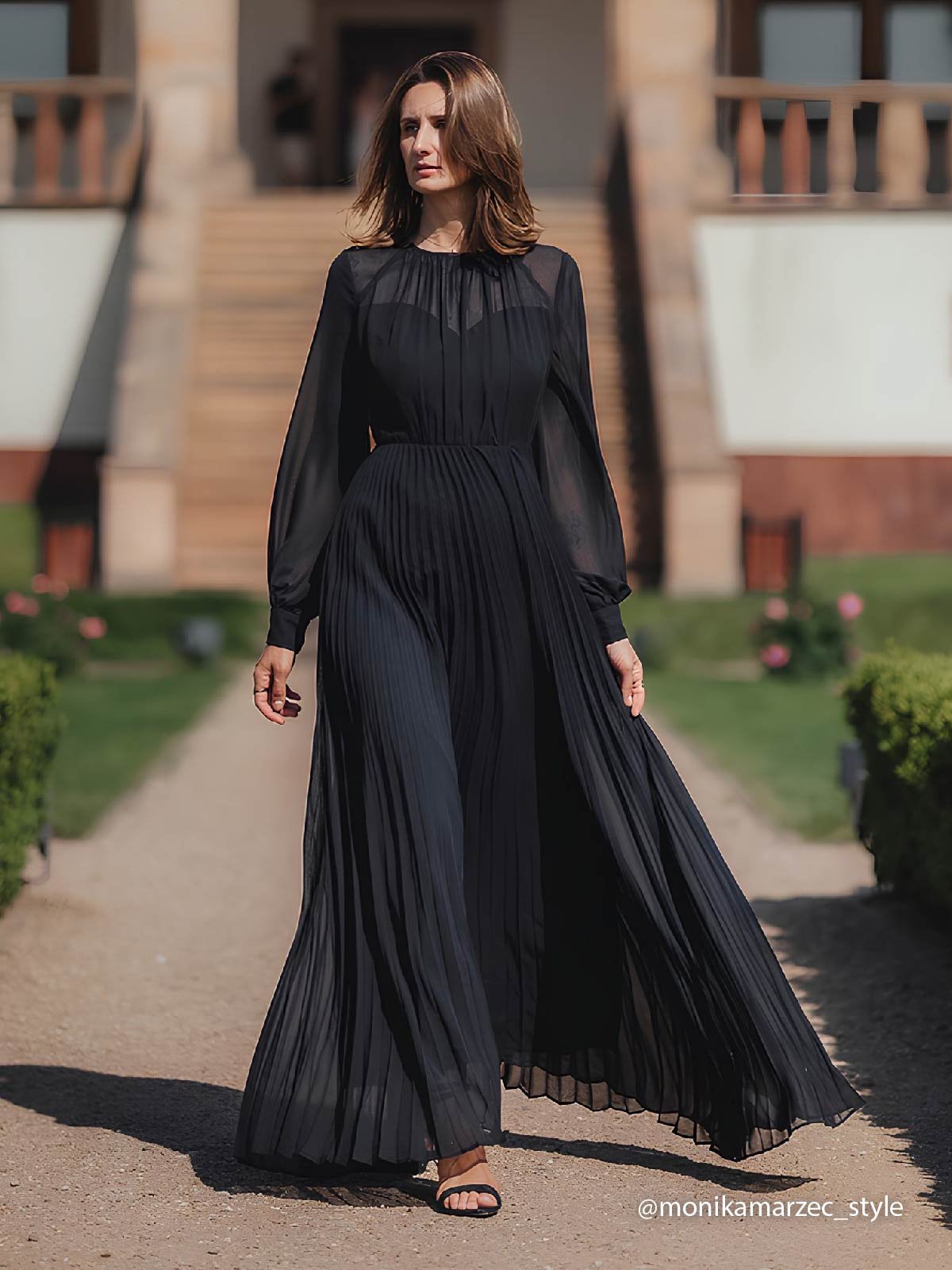 Black Mesh Ruched Chiffon Crew Neck Long  Balloon Sleeve A-Line Maxi Dress