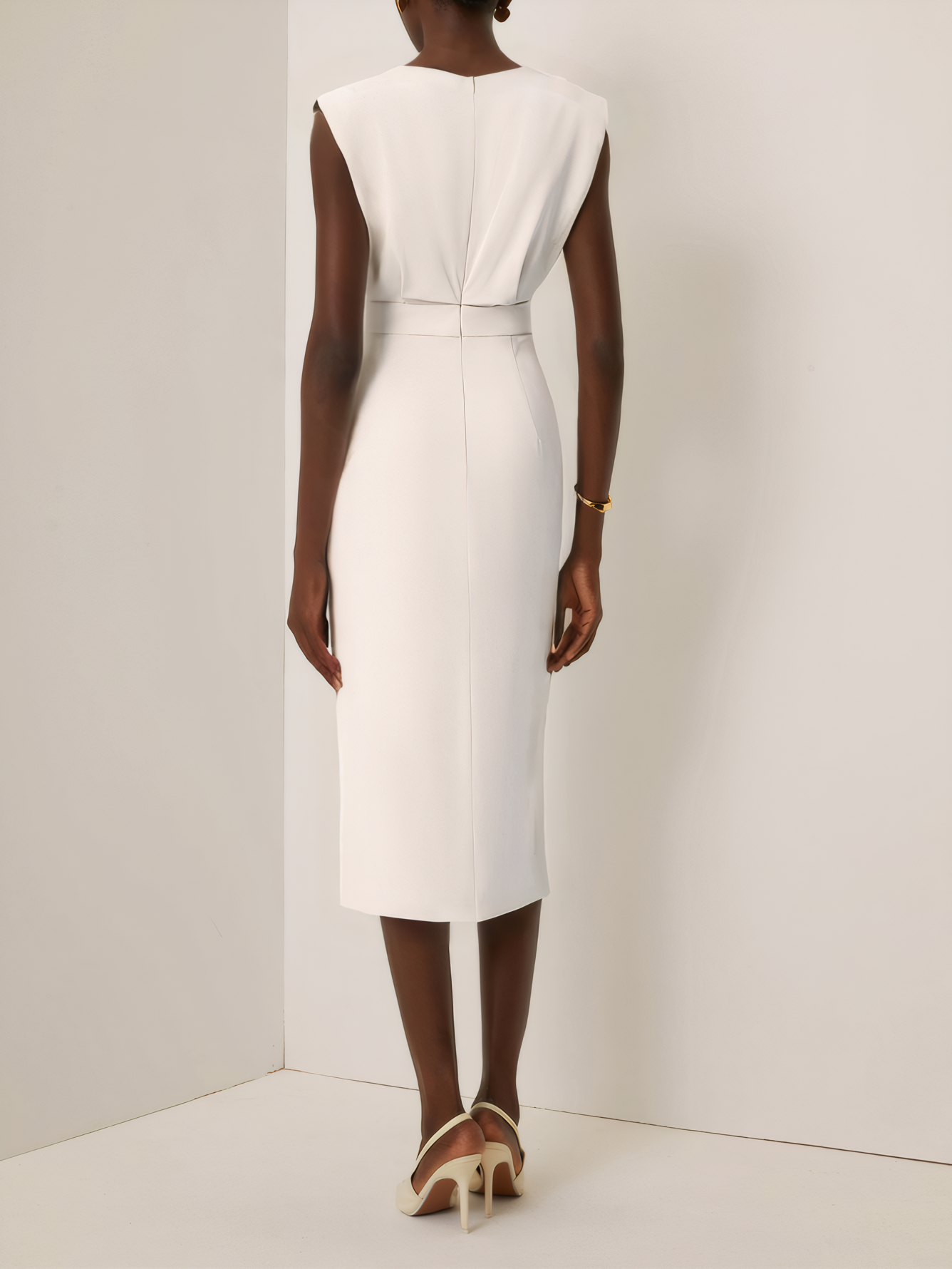 Off White Button Side-Slit Classic Crew Neck Sleeveless Sheath Midi Dress