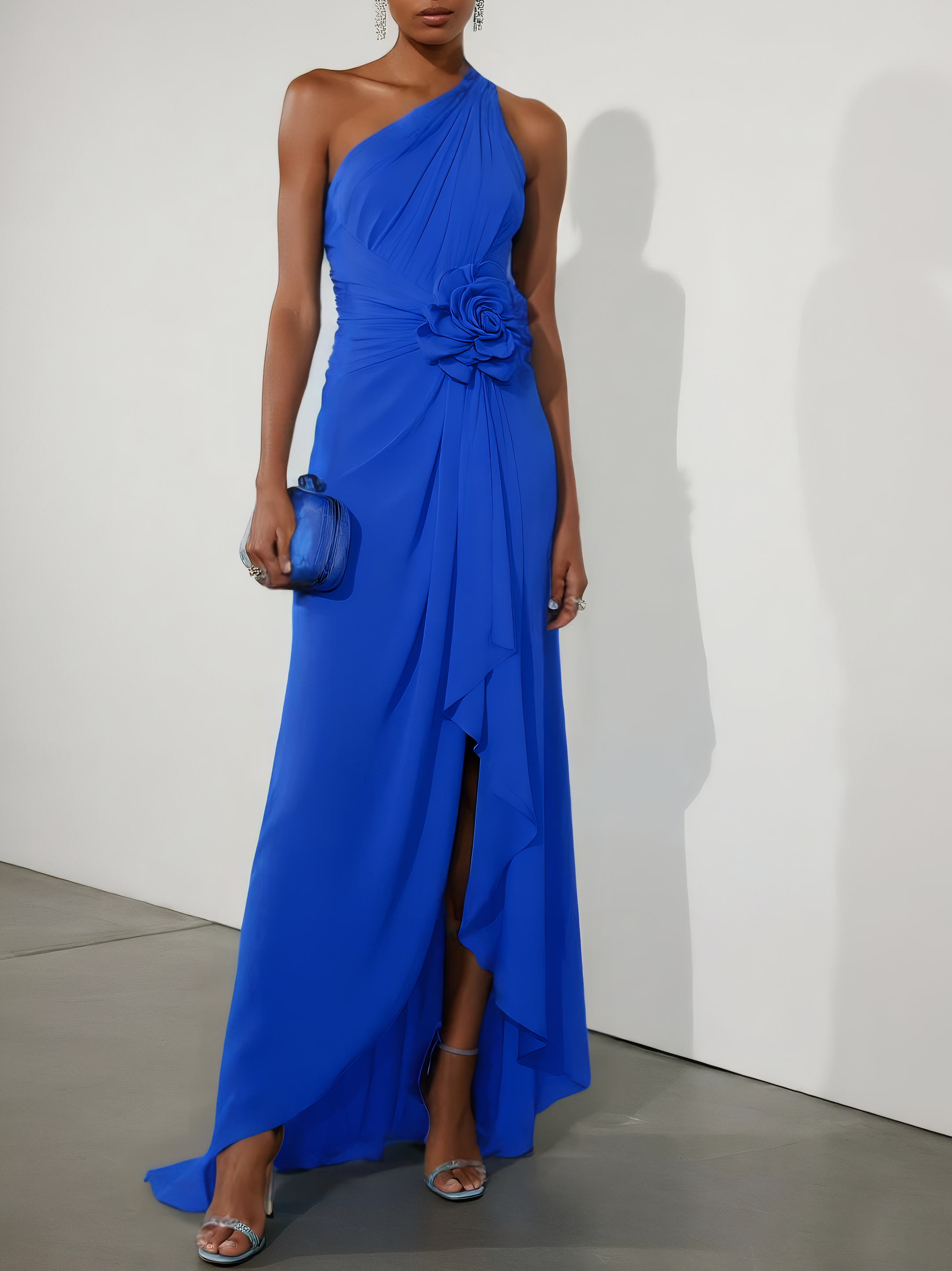 Blue 3D Floral Ruched Classic One Shoulder Sleeveless A-Line Midi Dress