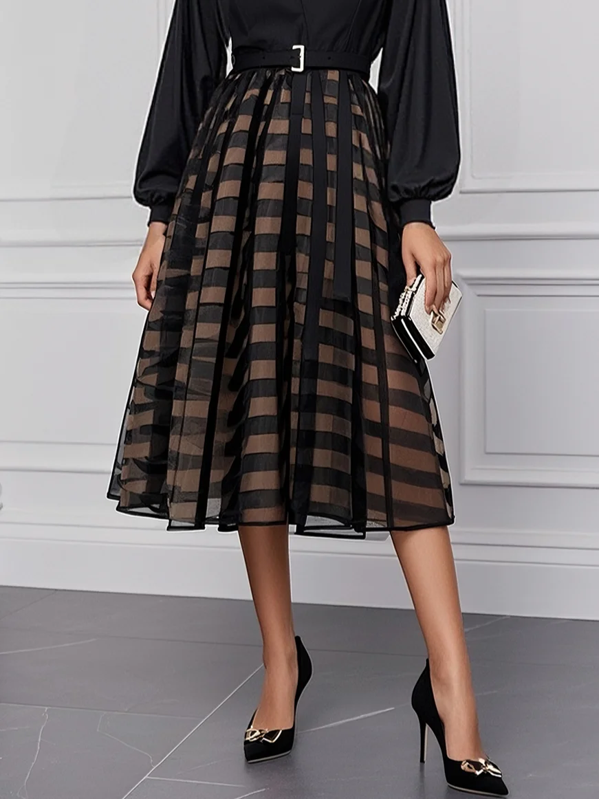 Black Classic V Neck Long Sleeve Balloon Sleeve A-Line Midi Dress