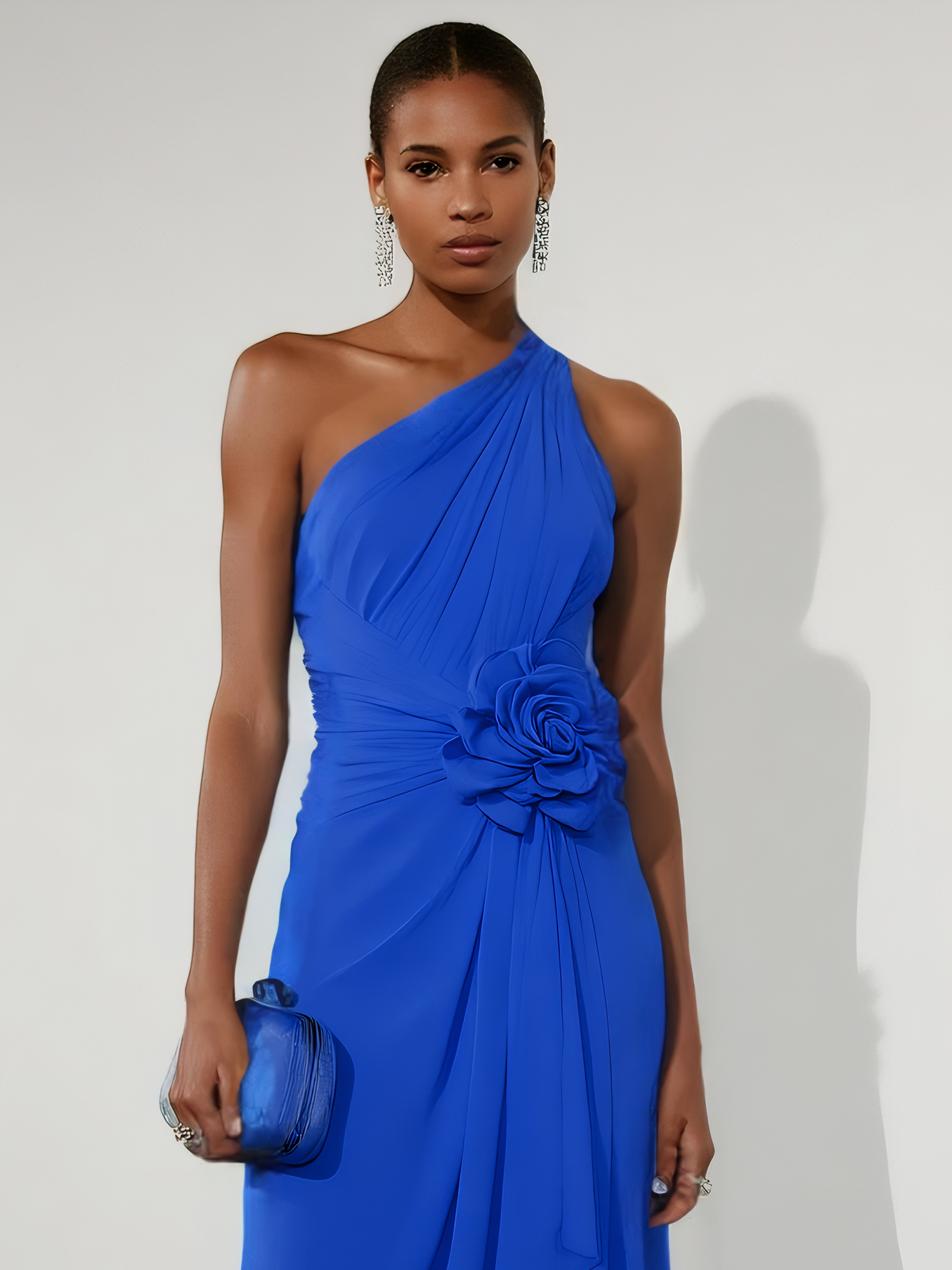Blue 3D Floral Ruched Classic One Shoulder Sleeveless A-Line Midi Dress
