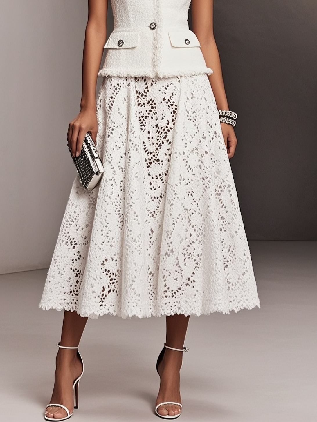 Women White Buckle Pocket Stitching Crew Neck Sleeveless Dressy Coat With Skirt Two-Piece Set