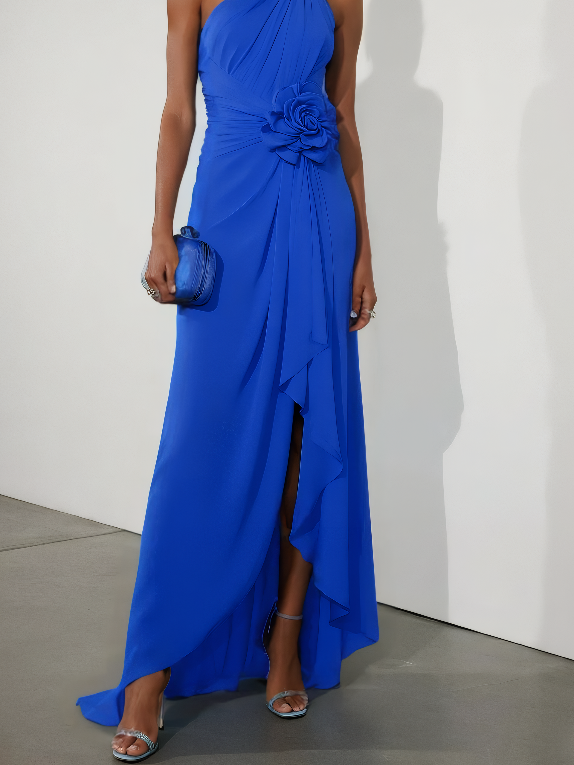 Blue 3D Floral Ruched Classic One Shoulder Sleeveless A-Line Midi Dress