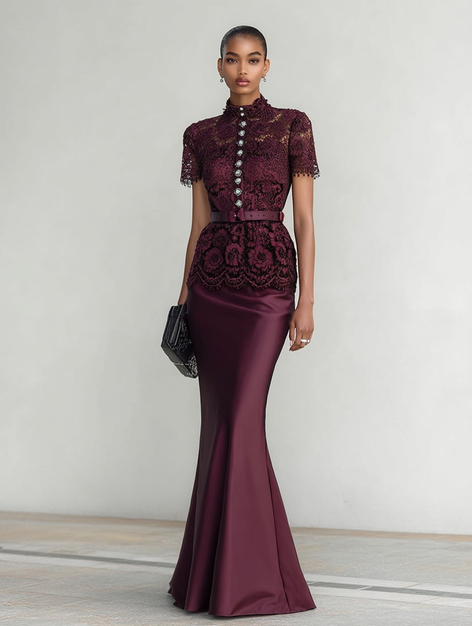 Wine Red Buckle Lace Classic Mock Neck Short Sleeve Mermaid Maxi Dress