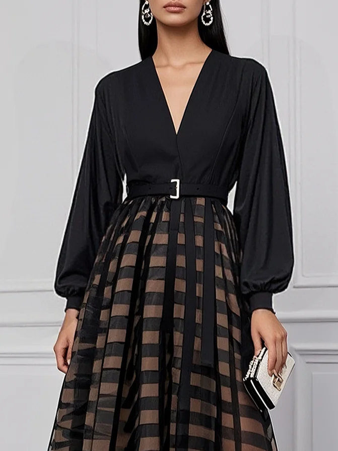 Black Classic V Neck Long Sleeve Balloon Sleeve A-Line Midi Dress
