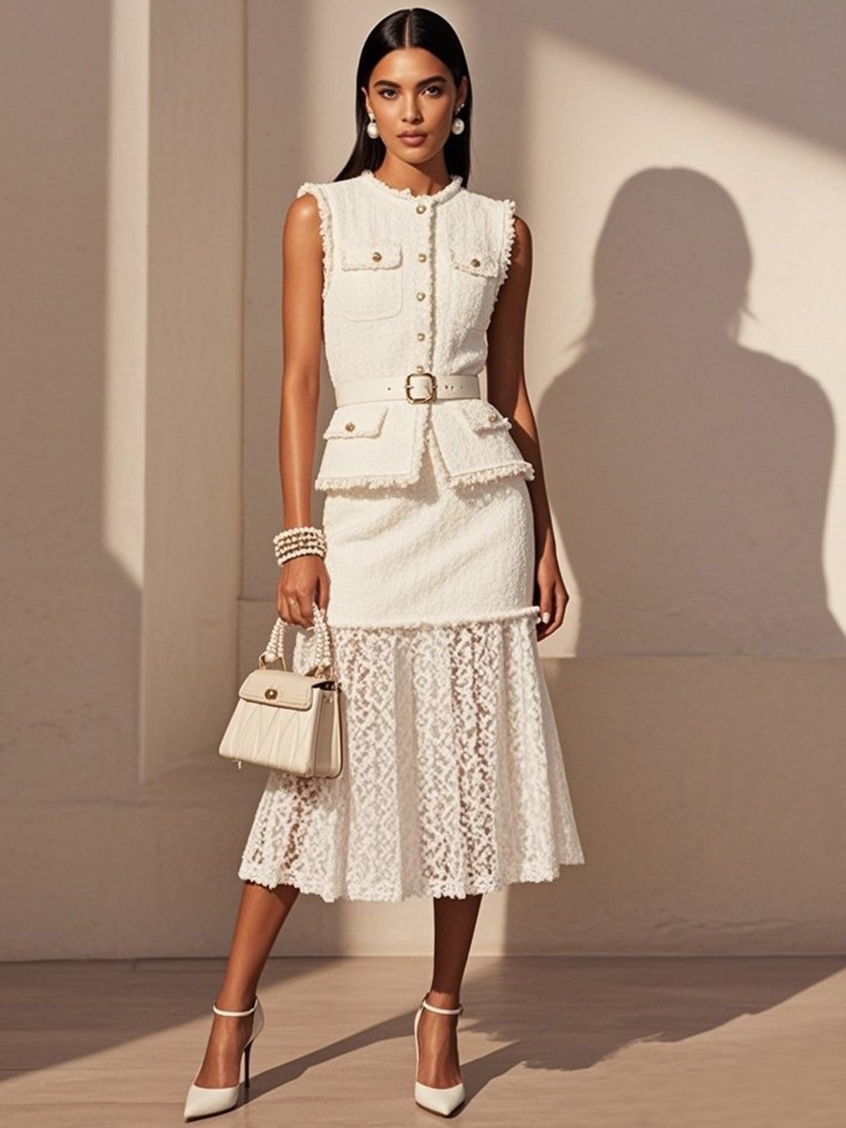 Women White Buckle Lace Crew Neck Tweed Sleeveless Dressy Top With Skirt Two-Piece Set
