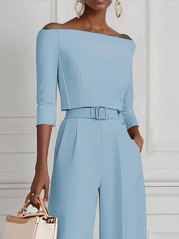 Women Light Blue Off The Shoulder Half Sleeve Dressy Jumpsuit