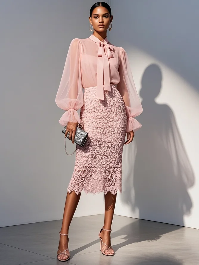 Women Pink Lace Bow Crew Neck Long Sleeve Bell Sleeve Dressy Top With Skirt Two-Piece Set