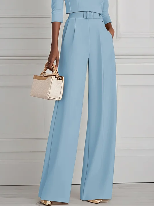Women Light Blue Off The Shoulder Half Sleeve Dressy Jumpsuit