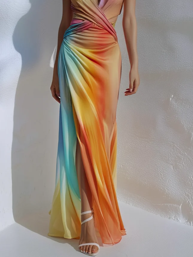 Orange Ruched Slit Classic V Neck Sleeveless A-Line Maxi Dress