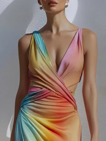 Orange Ruched Slit Classic V Neck Sleeveless A-Line Maxi Dress