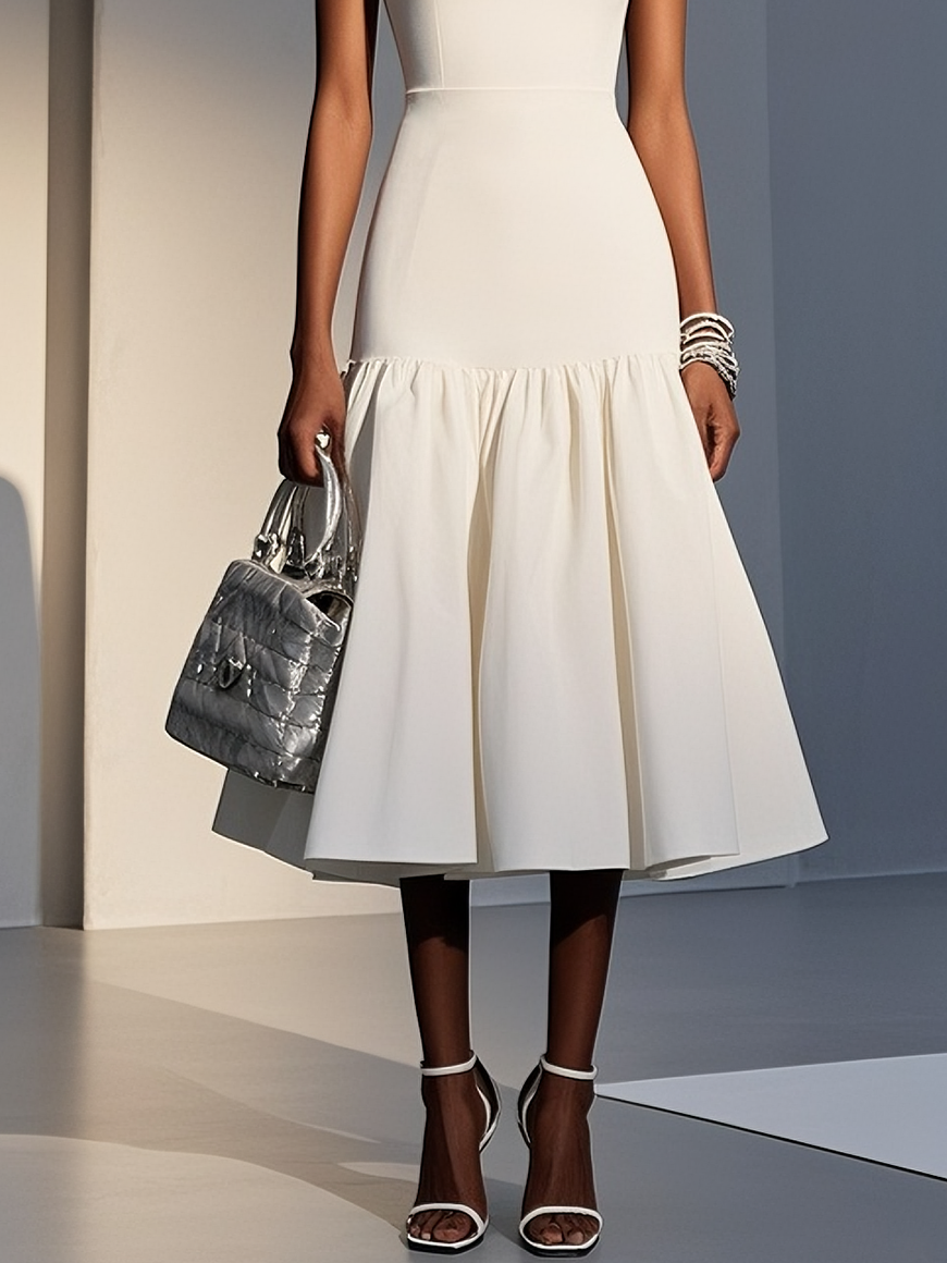White Knit Crew Neck Short Sleeve Mermaid Midi Dress