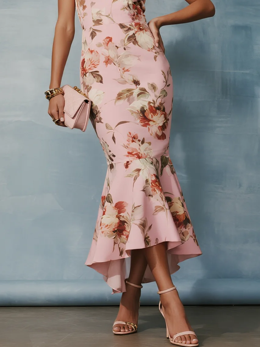 Pink Floral Floral Classic Crew Neck Sleeveless Mermaid Midi Dress