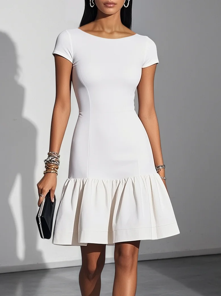 White Split Joint Knit Crew Neck Short Sleeve Mermaid Mini Dress