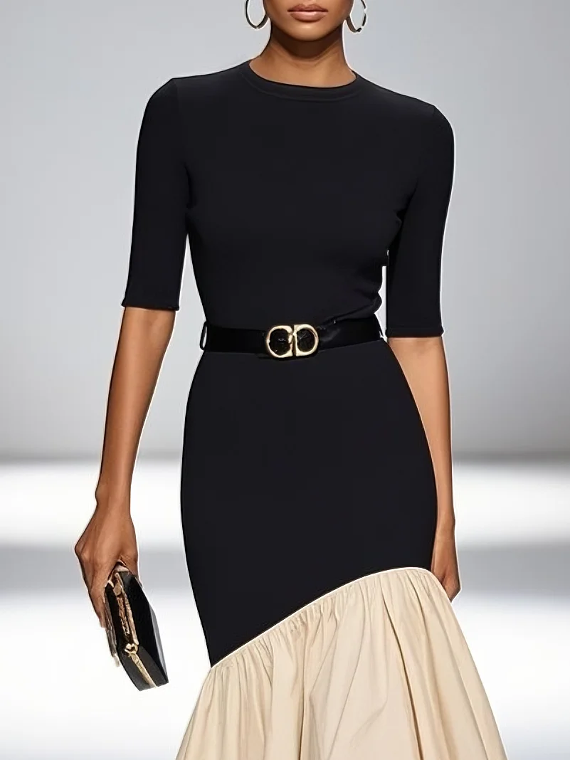Black Split Joint Knit Crew Neck Half Sleeve Bell Sleeve Mermaid Midi Dress