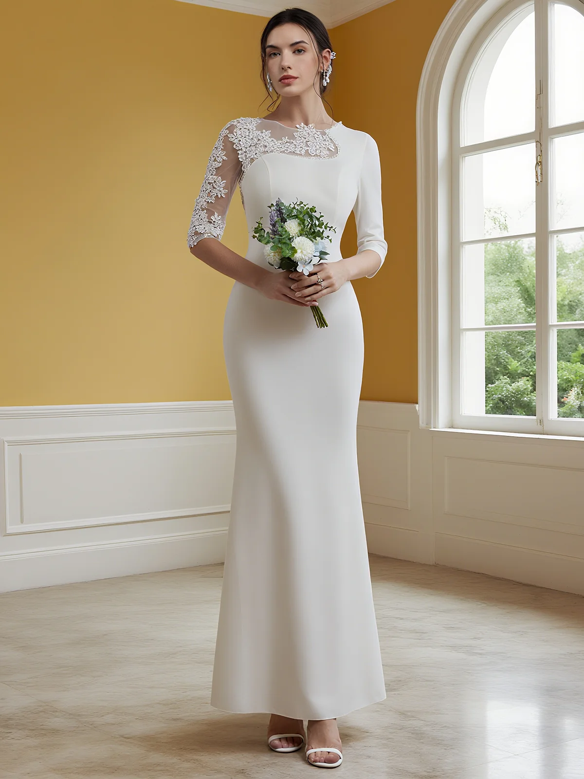 White Lace Hotfix Embellished Crew Neck Long Sleeve Mermaid Maxi Dress