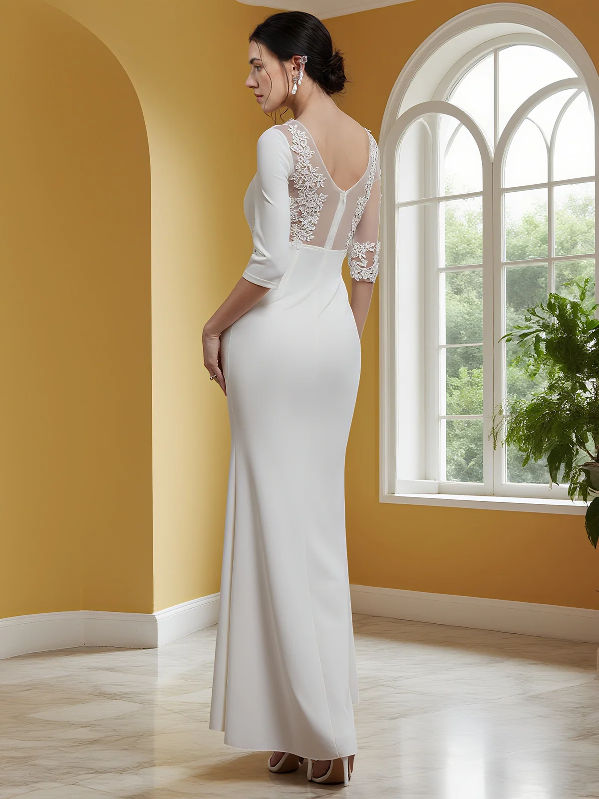 White Lace Hotfix Embellished Crew Neck Long Sleeve Mermaid Maxi Dress