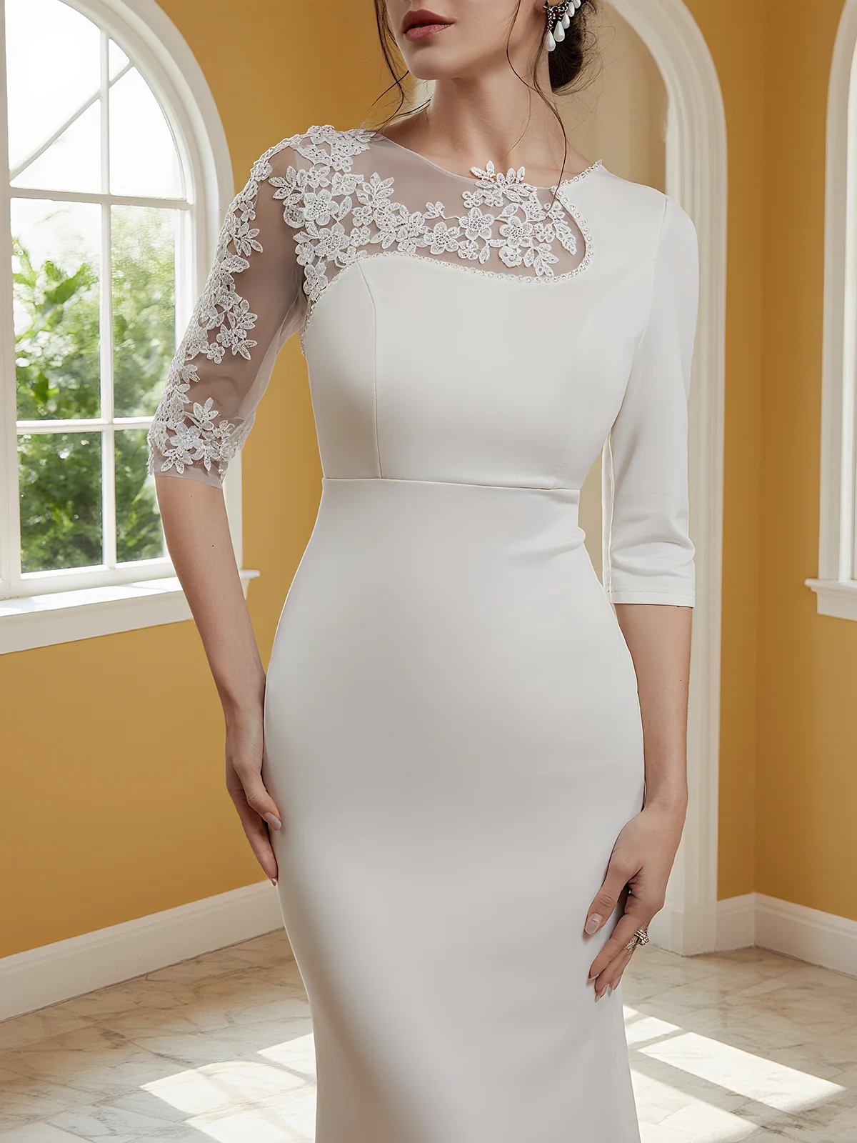 White Lace Hotfix Embellished Crew Neck Long Sleeve Mermaid Maxi Dress