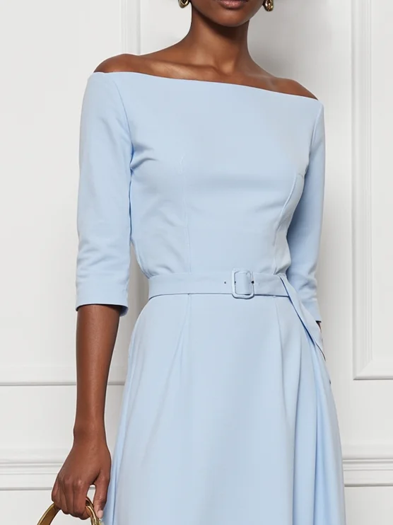Light Blue Cotton Off The Shoulder Half Sleeve A-Line Maxi Dress