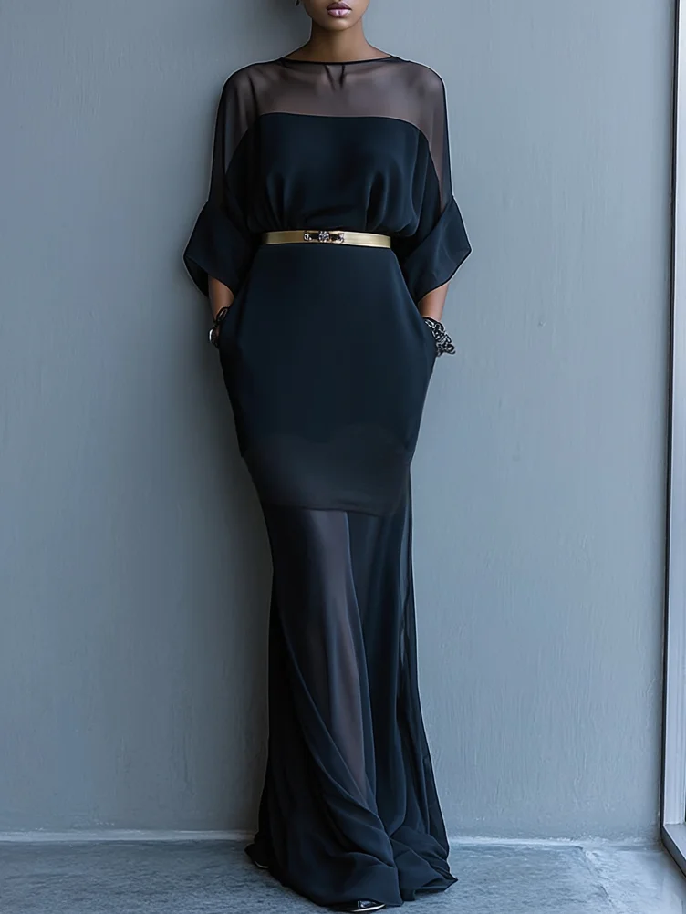 Black Split Joint Chiffon Boat Neck Half Sleeve Mermaid Maxi Dress
