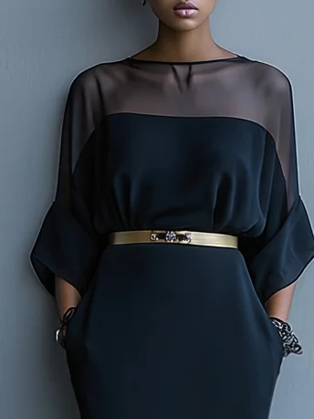 Black Split Joint Chiffon Boat Neck Half Sleeve Mermaid Maxi Dress