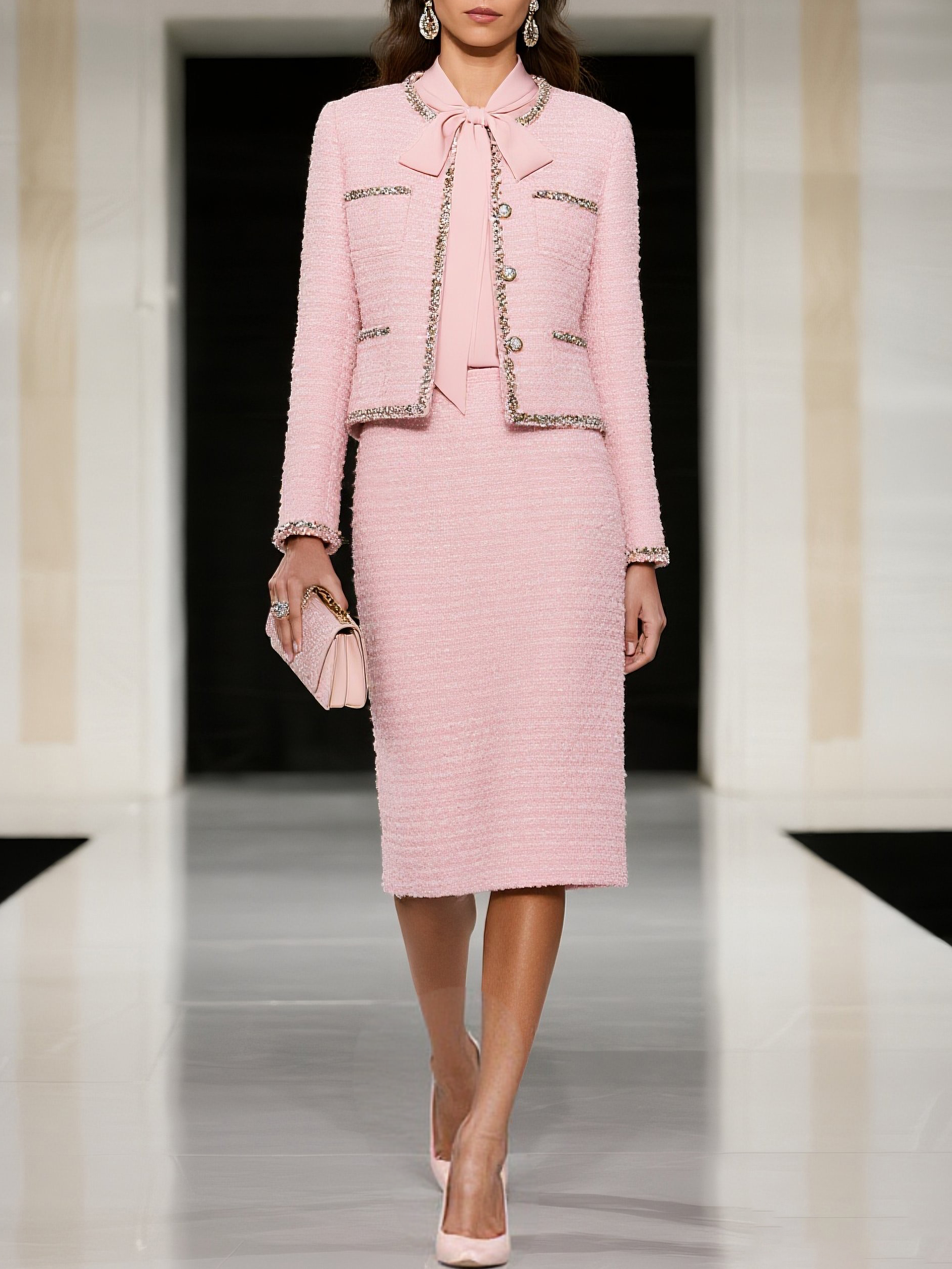 Women Pink Piping Buckle Crew Neck Long Sleeve Dressy Coat With Skirt Two-Piece Set