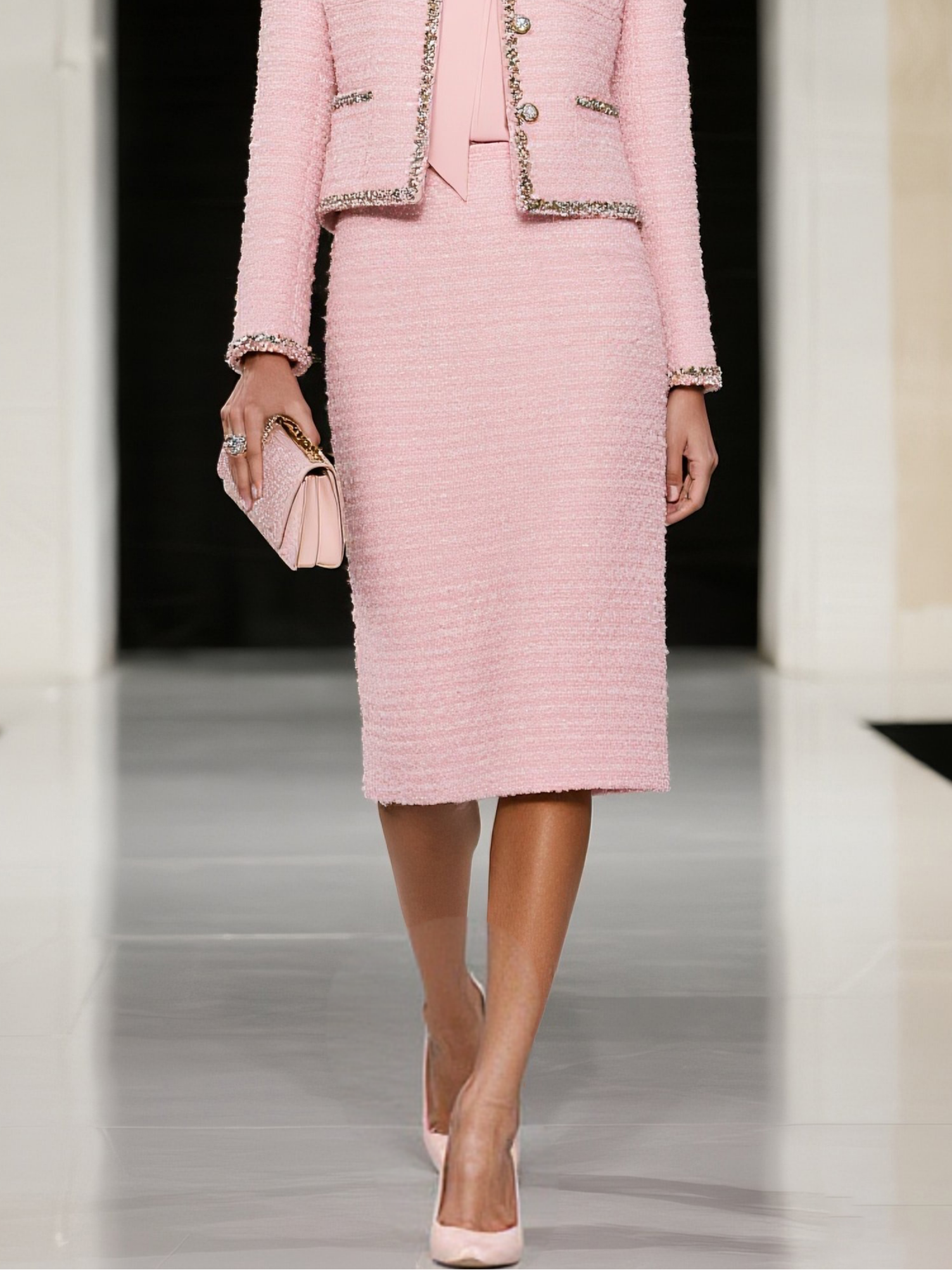 Women Pink Piping Buckle Crew Neck Long Sleeve Dressy Coat With Skirt Two-Piece Set