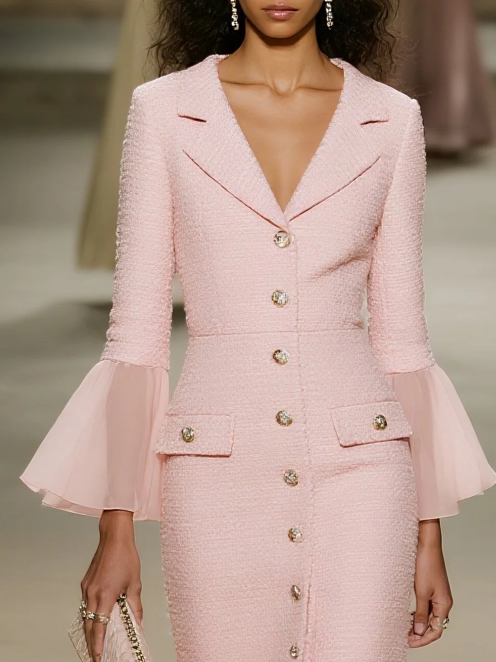 Light Pink Buckle Mesh Tweed Lapel Collar Long Sleeve Bell Sleeve Sheath Midi Dress