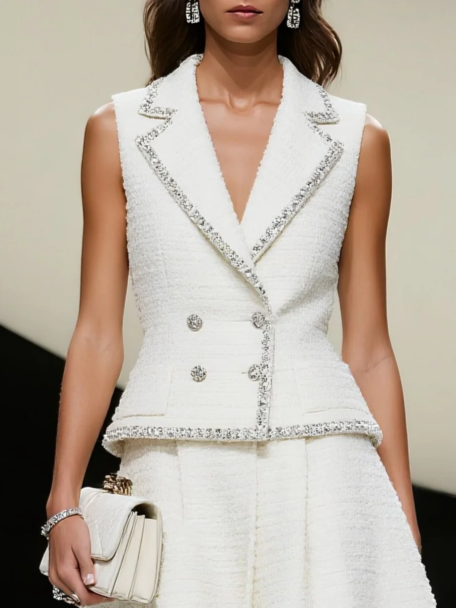 Women White Piping Buckle Lapel Collar Sleeveless Dressy Coat With Skirt Two-Piece Set