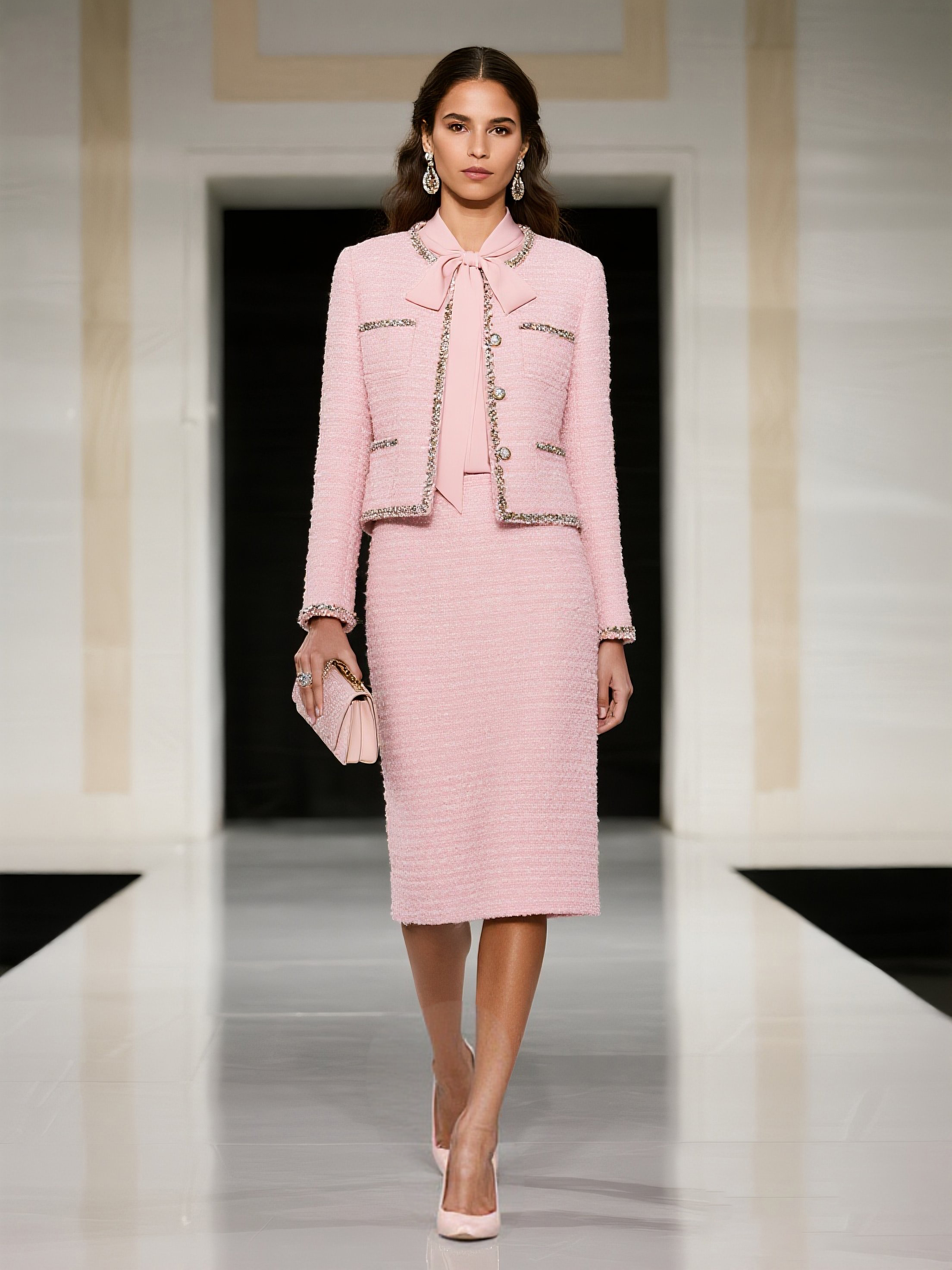 Women Pink Piping Buckle Crew Neck Long Sleeve Dressy Coat With Skirt Two-Piece Set