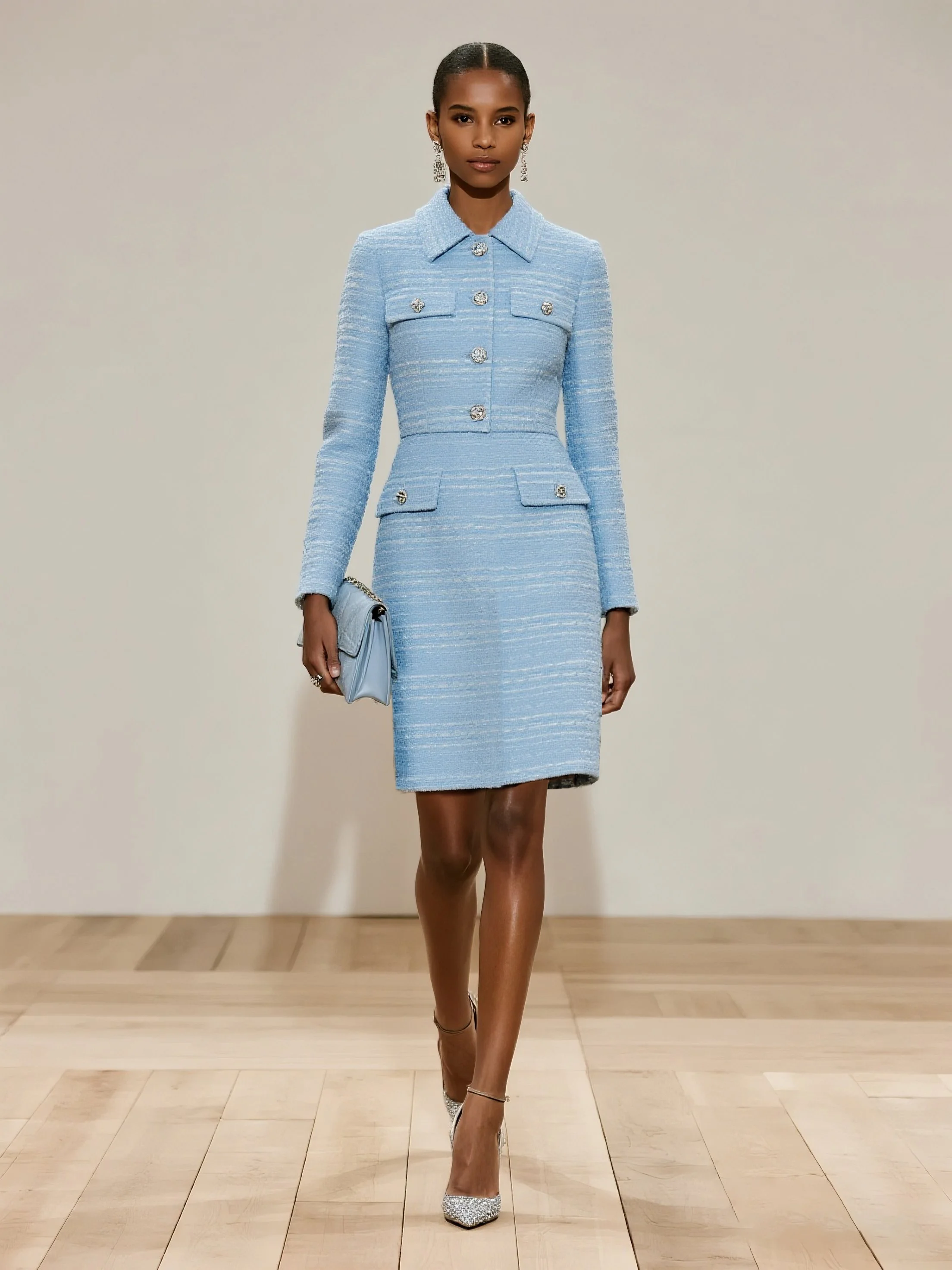 Light Blue Buckle Pocket Stitching Tweed Shawl Collar Long Sleeve Sheath Mini Dress