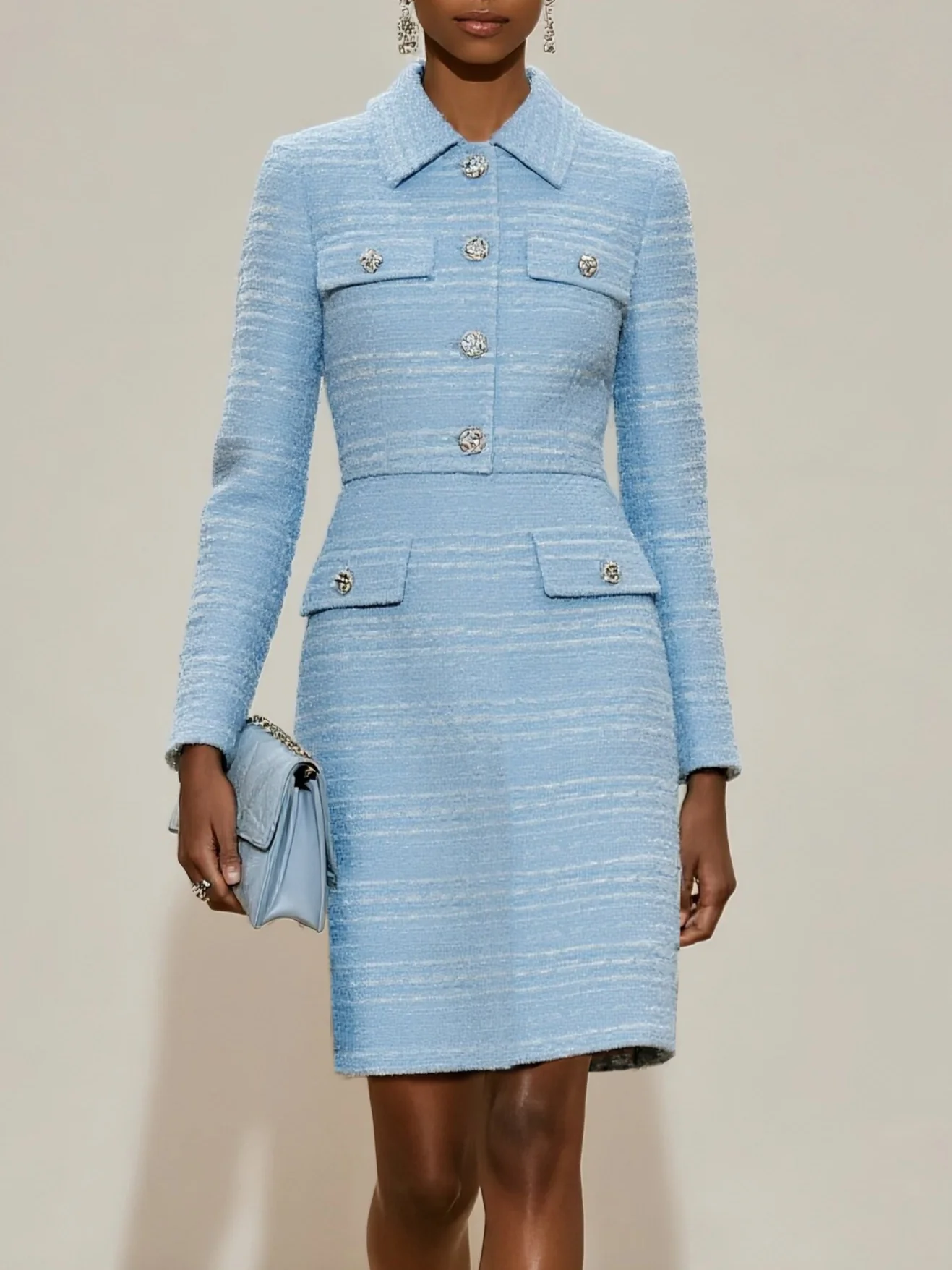 Light Blue Buckle Pocket Stitching Tweed Shawl Collar Long Sleeve Sheath Mini Dress