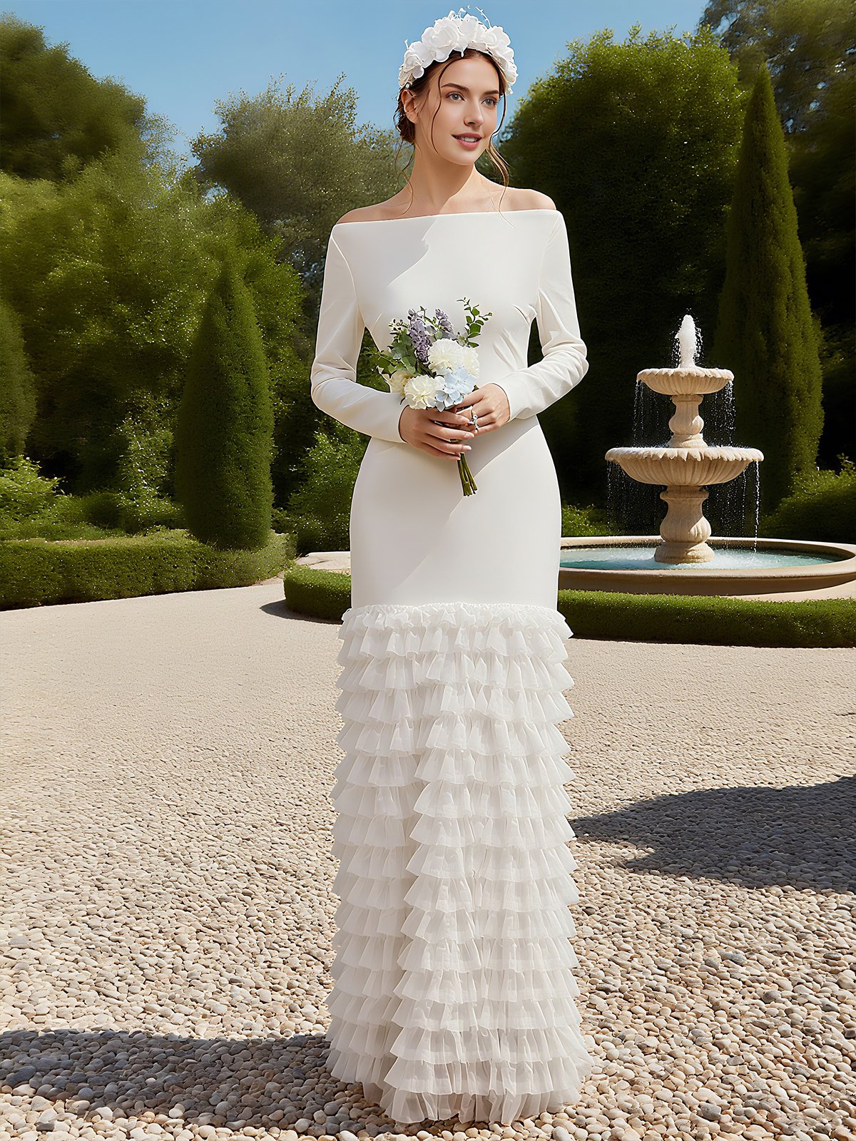 Off White Off The Shoulder Ruched  Mermaid Gown