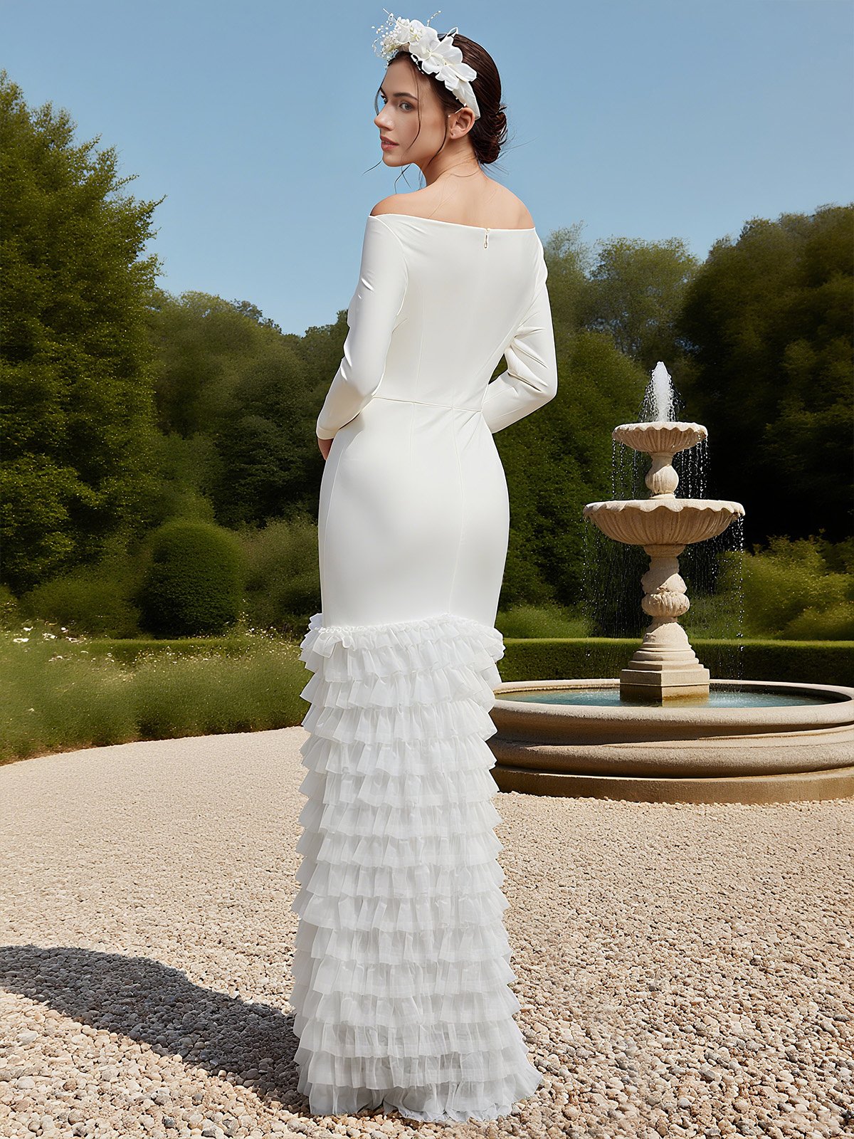 Off White Off The Shoulder Ruched  Mermaid Gown