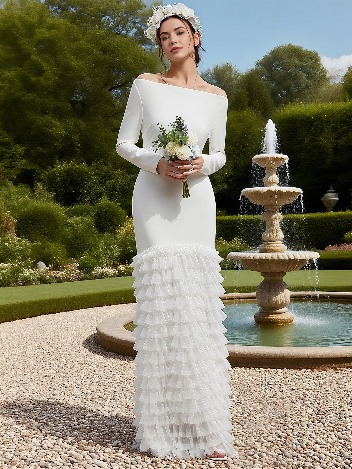 Off White Off The Shoulder Ruched  Mermaid Gown