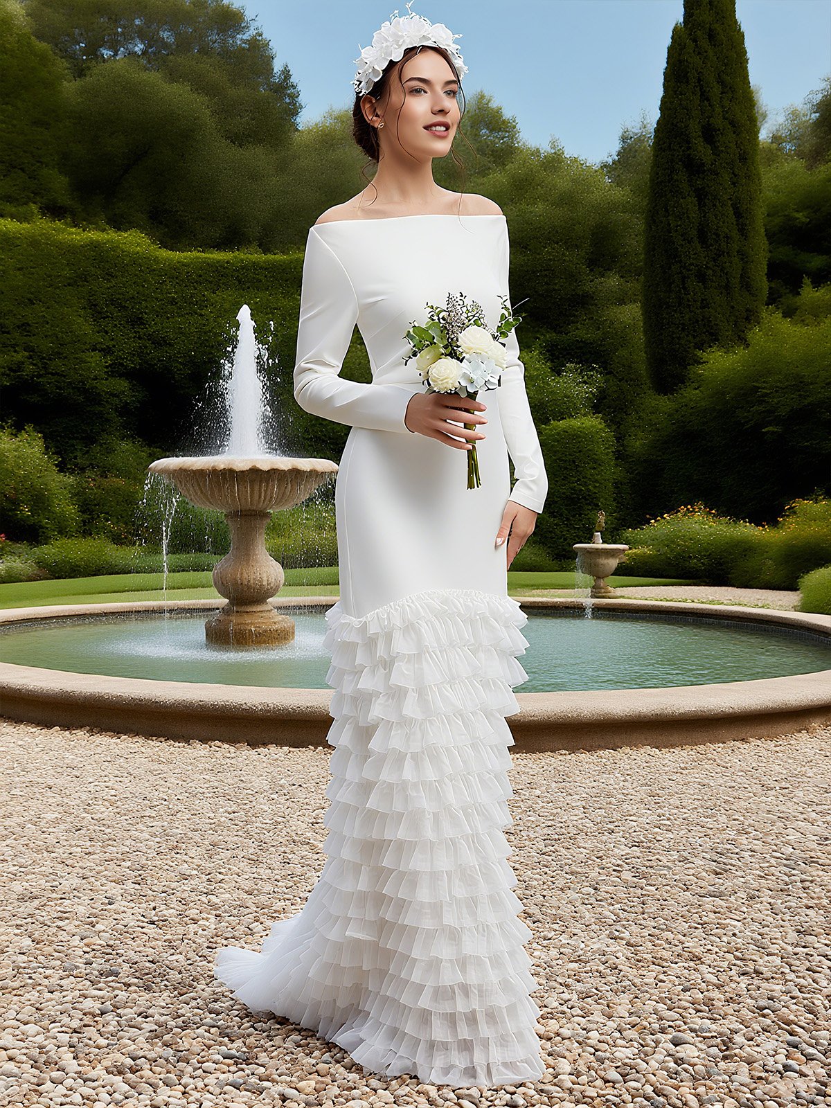 Off White Off The Shoulder Ruched  Mermaid Gown