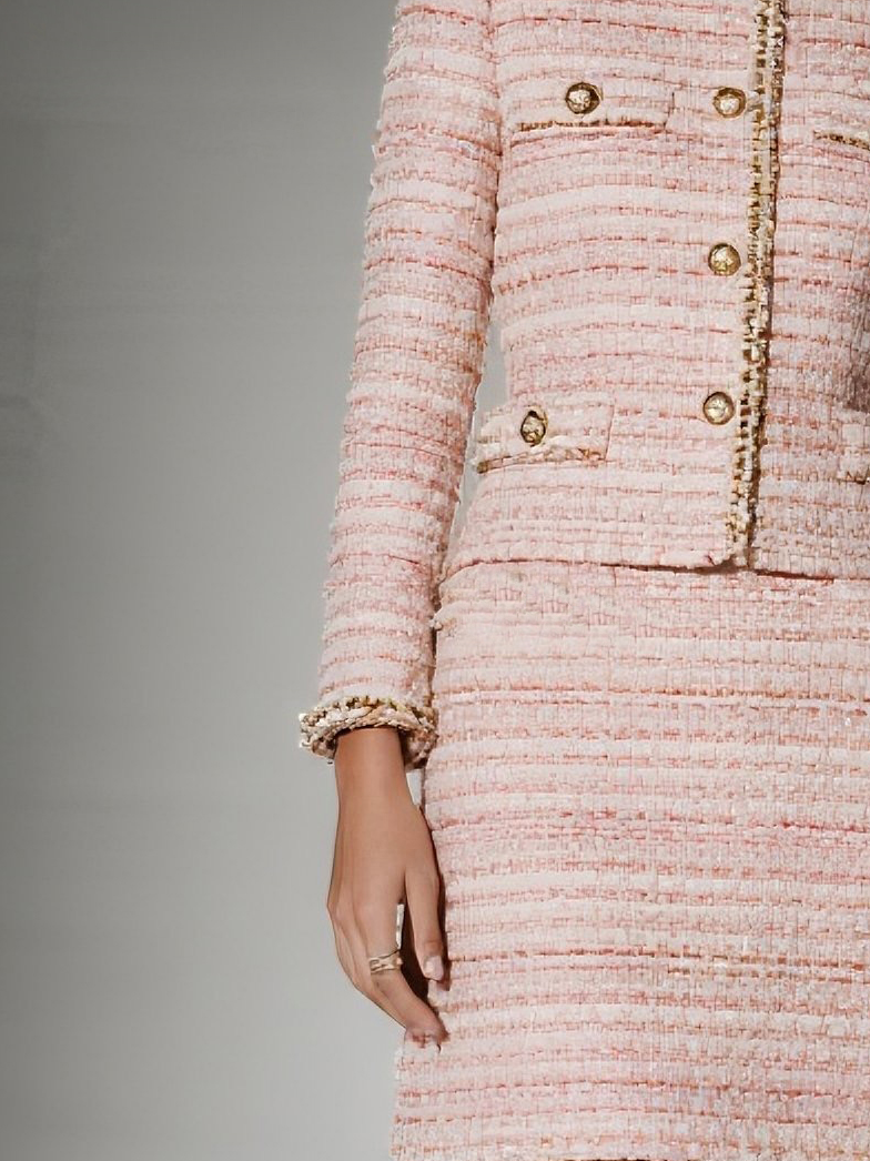 Women Light Pink Piping Buckle Crew Neck Long Sleeve Dressy Coat With Skirt Two-Piece Set