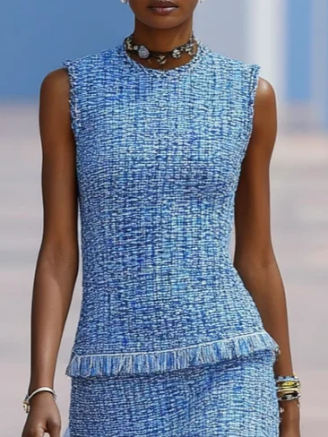 Blue Rhinestone Tassel Tweed Crew Neck Sleeveless A-Line Maxi Dress