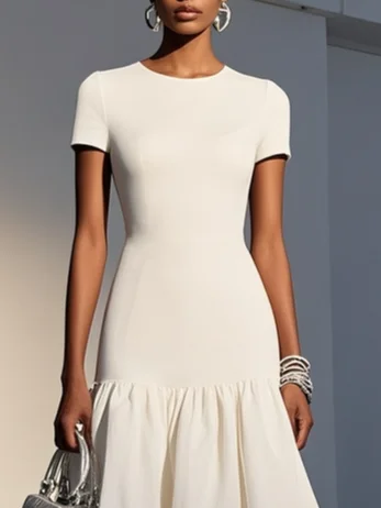 White Knit Cotton Crew Neck Short Sleeve Mermaid Midi Dress